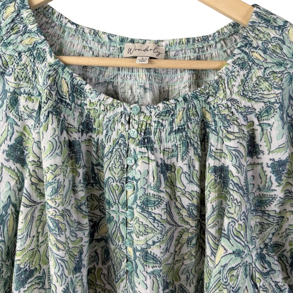 Wonderly Peasant Top Womens Large Green Blue Paisley Boho Cottagecore - Picture 4 of 7